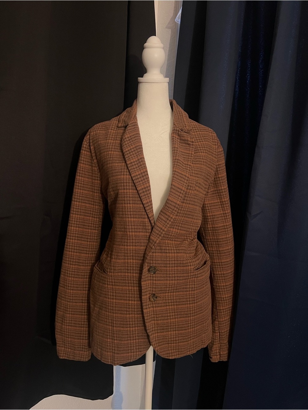 Rude Brown Plaid Blazer Jacket Women's Medium Cotton Career Casual Layering Piec